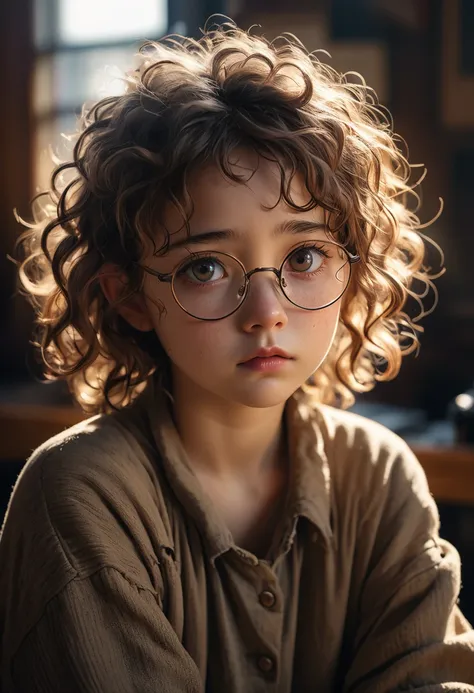 (Model shooting style), A sad homeless little girl, (wear glasses), dressing a old torn clothes, (Shy), 1 Girl, Solitary, brown、curly、Messy hair, Very detailed face, beautiful eyes, [Chubby], Lovely, Ruddy cheeks，Bright, Sad eyes, Stunning beauty, (Rembran...