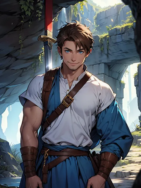 40-year-old male、Blue Eyes、Brown short hair、Fantasy、A little muscular、Holding a sword、Inside the cave、Light clothing、A modest smile