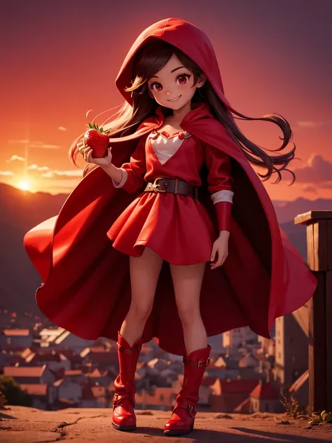 thief　The Girl Who Was Loved by Strawberries　Thief　Wearing a red outfit and cape　The background is a red sunset　Running full body figure　She has a cute smile　holding strawberry in hand