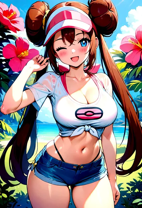 art of a cartoon of a sexy girl holding her visor cap, wearing shorts and hat, 1girl, rosa (pokemon), visor cap, breasts, double...