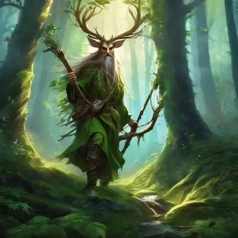 ethereal fantasy concept art of leshy hunter, medieval fantasy, in the corrupt forest, . fabulous, heavenly, ethereal, picturesq...