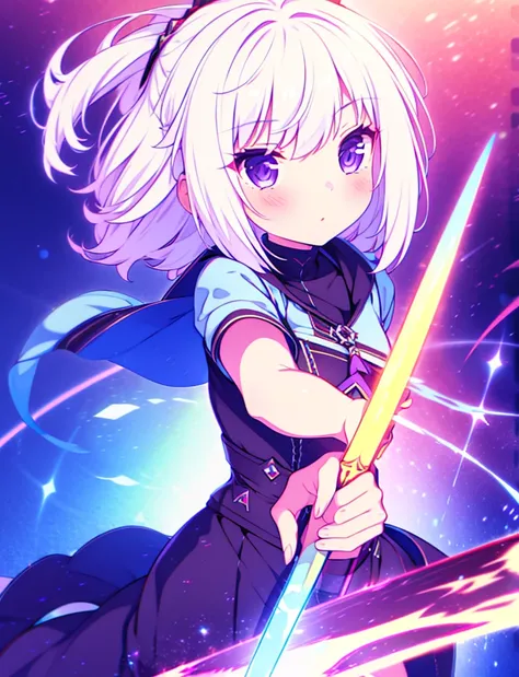 colorful, 1girl, white hair, purple eyes, dual wielding, sword, holding sword, blue flames, glow, glowing weapon, light particles, wallpaper, chromatic aberration,