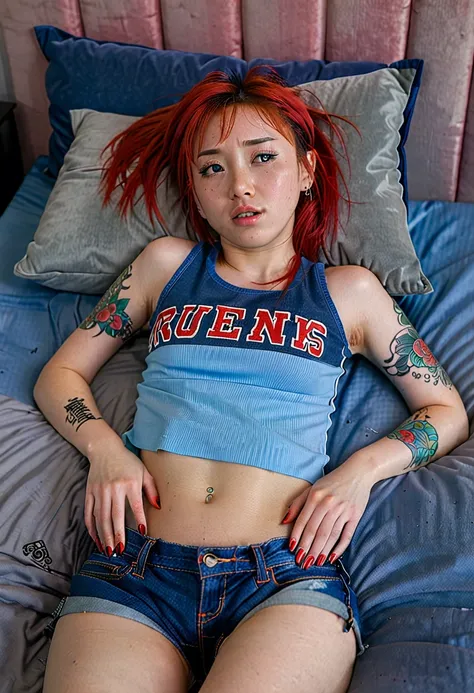 uhd, photo of cami, subject: noriko, 1/2 japanese 1/2 hainu skinny girl lying on blue bed with long red hair, blue+++ eyes, oval...