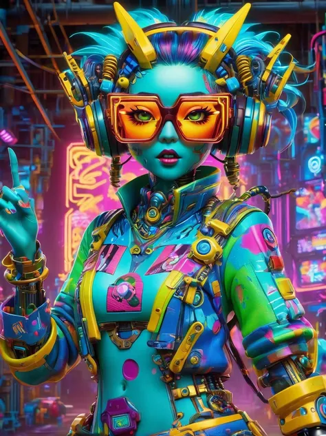 best quality, masterpiece, 3d, Pixar Artwork, Electronic variants, (Cartoon mechanical girl zombie wearing big glasses in the factory:1.5)，in a dynamic dancing pose within a colorful virtual reality world teeming with neon lights and vibrant holograms, The...