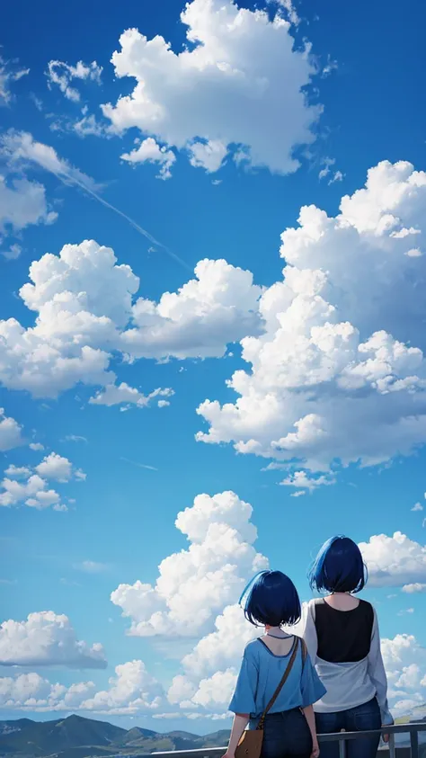 Blue sky with white clouds　top of the hill　Back view of a woman in casual clothes　An illustration