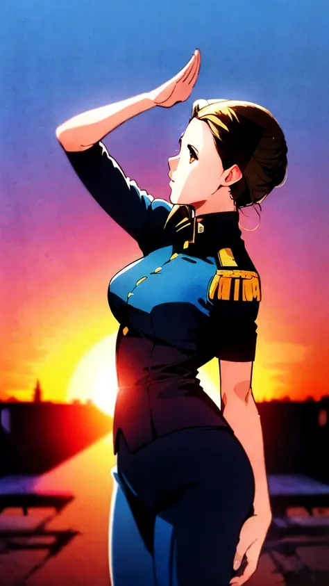 ,a female officer of the earth federation forces is standing,(alone:1.5),((ten huts:1.5)),(((seriously;1.5))),(((salute with you...