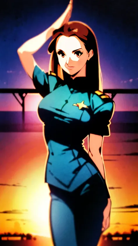 ,a female officer of the earth federation forces is standing,(alone:1.5),((ten huts:1.5)),(((seriously;1.5))),(((salute with you...