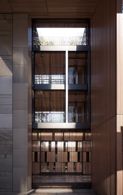 RAW photo, subject, 8k uhd, dslr, soft lighting, high quality, film grain, Fujifilm XT3, Realistic, Masterpiece, A modern architecture, simply facade, walkway, tree, road, stone, glassese window, daylight, clear sky