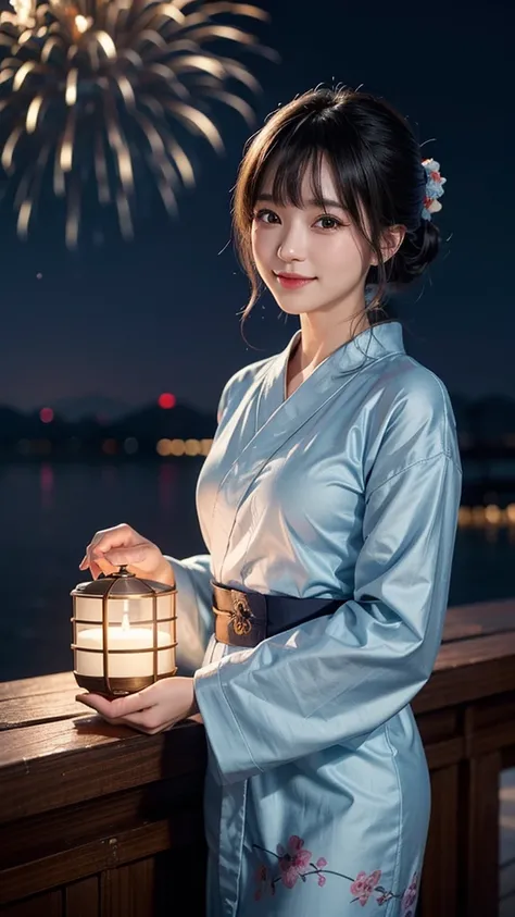 night、A glamorous atmosphere、firework、Dull light blue yukata、Cotton kimono、stylish （night景、night、smile）、night空、bangs、No makeup、（masterpiece、8K,RAW Photos、High resolution:1.4）、girl&#39;Her calm expression is accentuated by her soft facial expression..。 Cano...