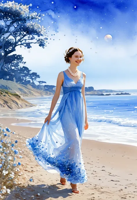 digital watercolor, extraterrestrial space landscape, the rising of jupiter is visible, a girl walks along the seashore, smiling mysteriously, in an ephemeral blue-white translucent dress, a necklace on her neck, pearls in her hair, the shore consists of p...