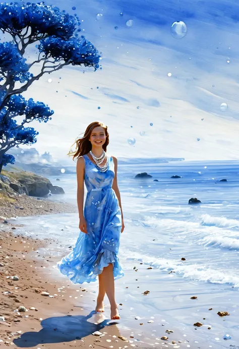 digital watercolor, extraterrestrial space landscape, the rising of jupiter is visible, a girl walks along the seashore, smiling mysteriously, in an ephemeral blue-white translucent dress, a necklace on her neck, pearls in her hair, the shore consists of p...