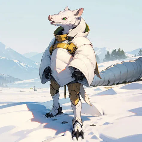 1character, Full body version, white Armadillo mixed with piq, green eyes, gold skins, Grassroots in snow,