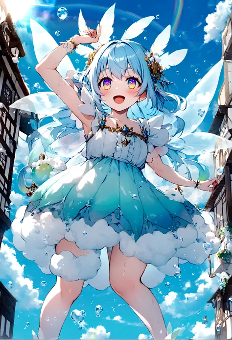 Soap Fairy,Transparent feathers,Light blue hair,Japon balls are flying,Rainbow Eyes,blue sky,sunny.