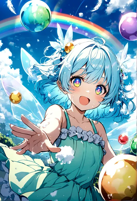 Soap Fairy,Transparent feathers,Light blue hair,Japon balls are flying,Rainbow Eyes,blue sky,sunny.