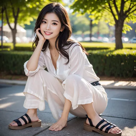 one woman photo:1.5, a beautiful japanese woman, long black hair, detailed face, beautiful eyes, nose, lips, perfect skin, natural smile, model body type,  full body shot, ((Loose linen shirt, wide-leg palazzo pants, slide sandals)), (best quality,4K,8K,hi...