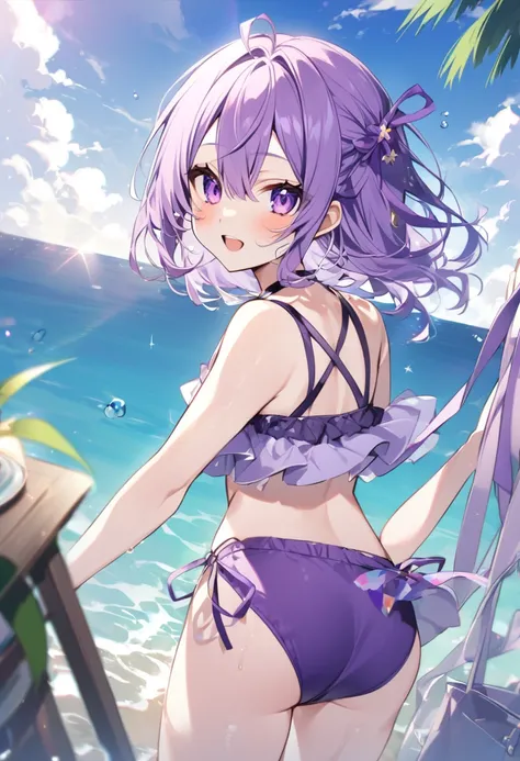 Keito。Purple Eyeurasaki hair。Purple Swimsuit