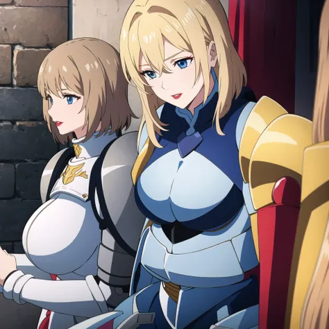 1 Knight in armor, feminine, big boobies, Mediovale, blondie hair, Medium hair, blue colored eyes, Red lips, fully body 