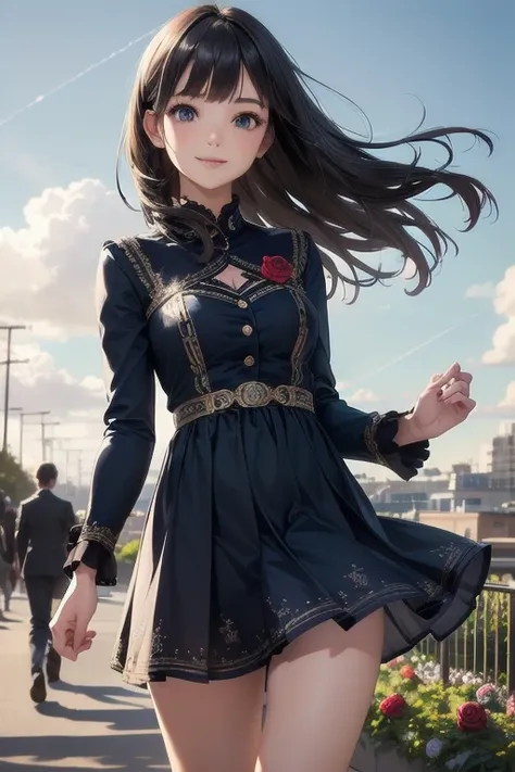 very cute and beautiful girl,(Very exquisite beautiful face and eyes:1.2),smile,(Cowboy Shot),
navy blue ruffle dress,walking,Dynamic pose,(Detailed legs,mini skirt:0.9),
Dynamic Angle,Black Hair,(Rose Garden),naval port,warship in the distance,
(Highest q...