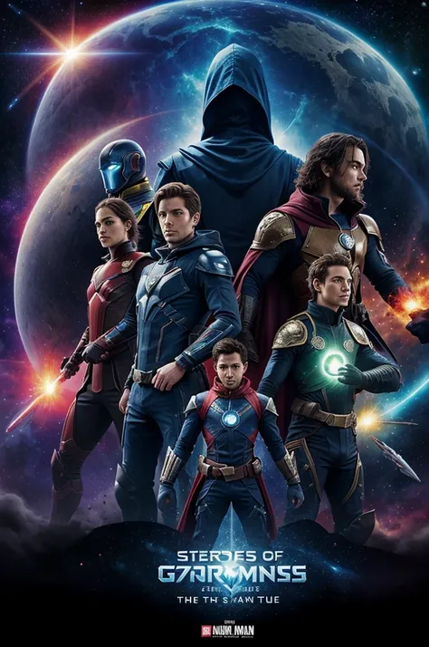 a movie banner with a space background, showcasing the 10 heroes standing together, ready for battle. The heroes are dressed in their unique costumes, representing their respective planets and abilities. Sam and Jace, the two humans, are positioned at the ...