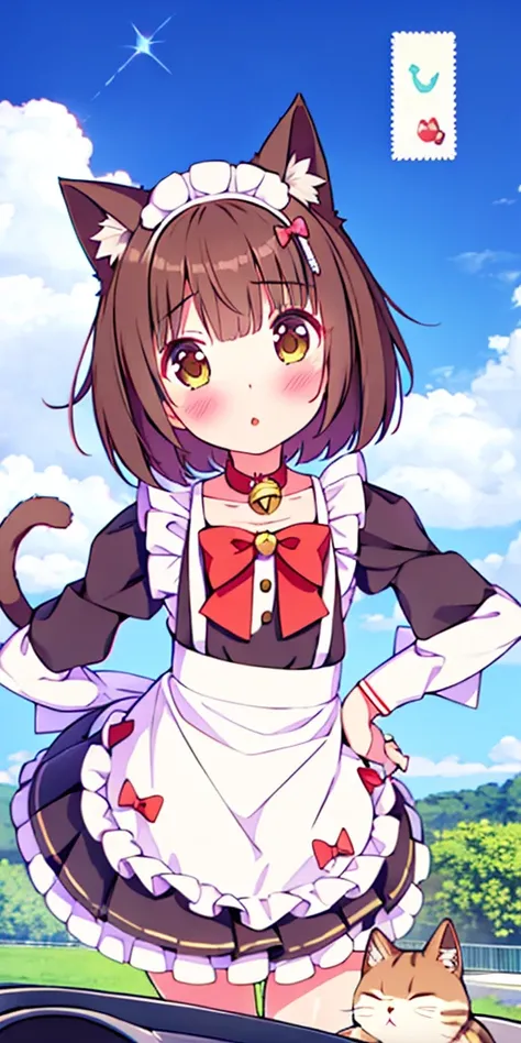 1 girl, Alone, Brown hair, animal ears, cola, cat ears, cat cola, bow, old, two sides up, long sleeves, maid headdress, Bell, jingle Bell, food, short hair, dress, small old, puffy sleeves, bowtie, cat girl, steering wheels, juliet sleeves, animal ear fluf...