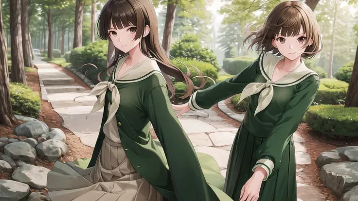 masterpiece, Highest quality, High resolution, aayoshino, , thin, Long Hair, Twin Blade, Brown eyes, Hair that falls over the shoulders, , Sailor collar, neckerchief, Green Shirt, One piece sailor shirt, Long sleeve, Green Skirt, Long skirt, Are standing, ...