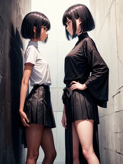 An 18-year-old female and a 10-year-old female，Black Hair，There is a height difference，naked，She is wearing a skirt underneath，They are glaring at each other with their faces close together.，Intimidating the opponent，Standing firmly facing each other，Wall，...