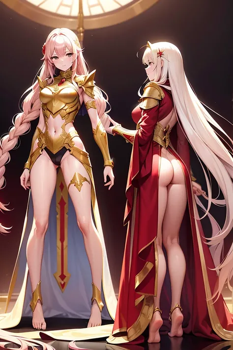 extremly detaled, dynamic back kneel pose, bare feet, detaled feet, ,goddess, gold detaled armor with red finish, long white hair, red cape and scarf, gold hair clip, gold heavy body cover armor with red finish, show big ass and pussy, orginal hairstyle wi...