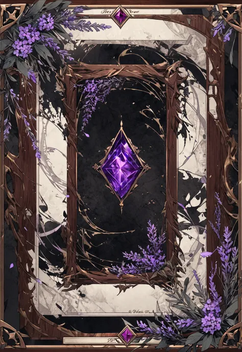 A card border UI，Modern urban minimalist style，Noble and elegant dark suspense style，There is a lavender ribbon in the middle with the card name.，There is a ruby under the bezel，There are sapphires on the left and right corners.。Redwood frame，Parchment bac...