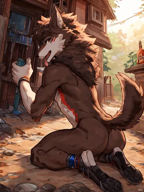 ((Best quality, masterpiece, detailed anatomy, detailed eyes, detailed hands, perfect lighting, perfect shading.)), by Buta99, by SpiritD, 1male, Wolf, brown furs, tight body, dark brown eyes, skinny body, young body, naked, back view, kneeling, opening th...