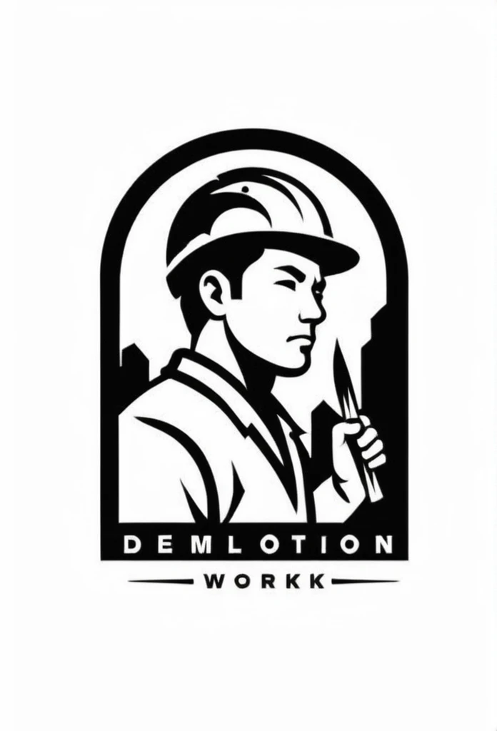 日本のオレシャレな建物Demolition work会社のロゴ
　
On the logo、Demolition work、A cool, chic and modern design featuring a person doing a demolition chisel. The monochrome background is pure white.