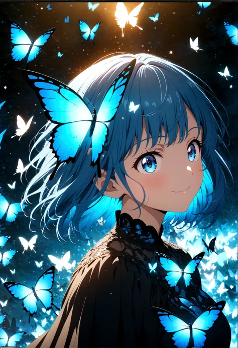 Anime style, ultra-detailed, 8K CG, blue-haired girl, smile, blue world, mysterious blue objects floating, butterfly, star, 