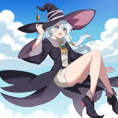 masterpiece,1girl,solo,elaina,(blue_style_costume, majo_costume, witch_hat, brooch:1.6),small_breasts,falling_feathers,aurora,op...