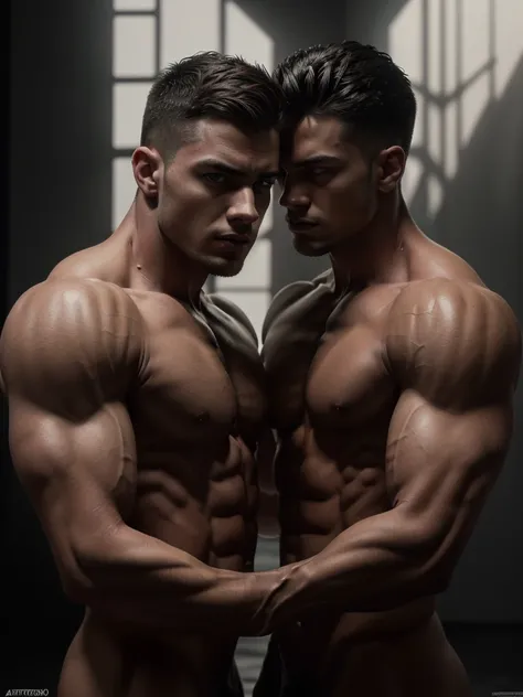 (muscular male couple, nude, back view, beautiful detailed eyes, beautiful detailed lips, extremely detailed face, perfect anatomy, chiaroscuro lighting, dramatic shadows, cinematic composition, artful poses, hyper-realistic, award-winning photography, 8k,...