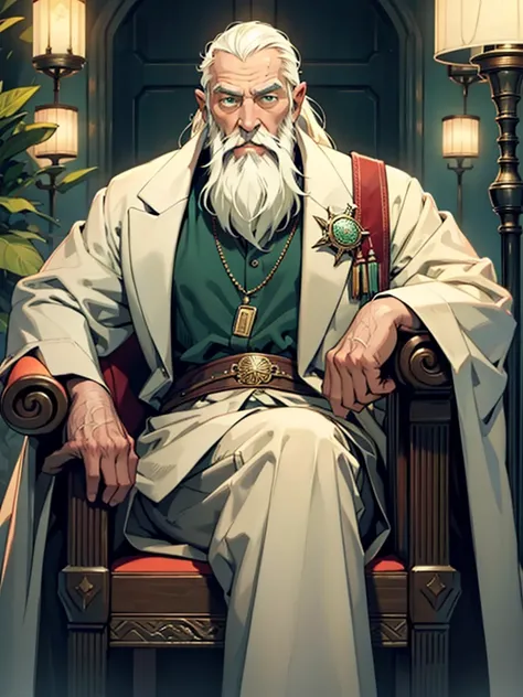 90-year-old man、elder、Long Beard、low length、Sitting in a chair、Light clothing、Green Eyes、Spots on the face、Many wrinkles on the face、Magic wand、Fantasy、Dark and small room