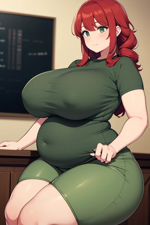 Beautiful peach skinned woman with curly red hair, she is wearing a short sleeve light grey top and tight long green pants, hourglass body, bigger breasts and bigger thighs, wide hips, chubby, huge belly, curvy, wide thighs, enormous butt,
