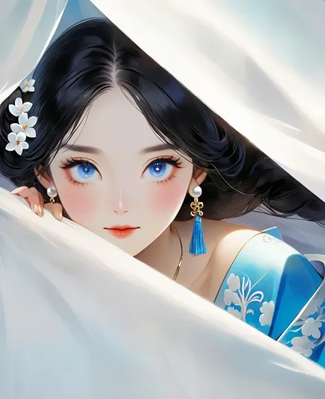 A Chinese woman with black hair, blue eyes and earrings in her ears is peeking out from behind the White cloth with half of her face visible. She wears an ancient style Hanfu and has a flat illustration style. She is depicted in the style of an ancient Chi...