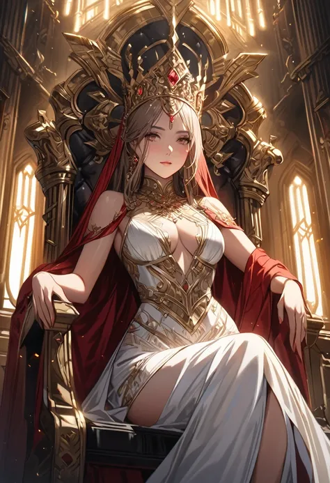 A magnificent Queen sitting on the throne, European, detailed face, intricate dress, ornate throne, luxurious interior, dramatic lighting, cinematic angle, photorealistic, 8k, high resolution, hyper detailed, masterpiece,refiner: woman face