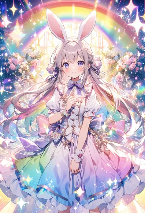 「A character with rabbit ears and long hair tied with a ribbon, Surrounded by magical rainbows and sparkles, Against a bright and shining fantasy background.”