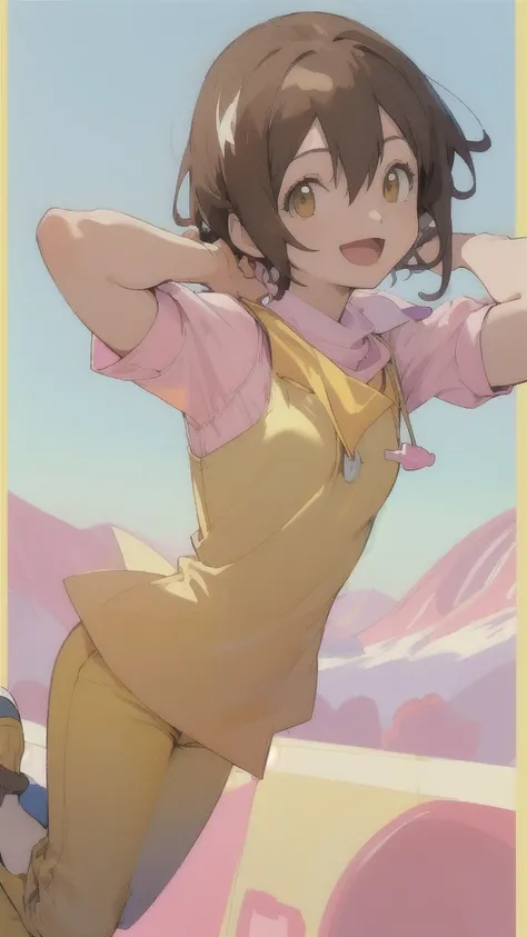 Top quality, masterpiece, high resolution, details, Top quality, masterpiece, high resolution, details, perfect anatomy, (cute girl), smiling, HikariDigi, open mouth, yellow sleveless shirt, pink pants, rubber boots, shoes, sky, solo,Background is blue sky...