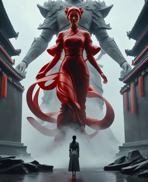 the woman stands in front of a giant statue, in the style of cinematic sets, fenghua zhong, alessio albi, red and gray, film/video, meticulous technique