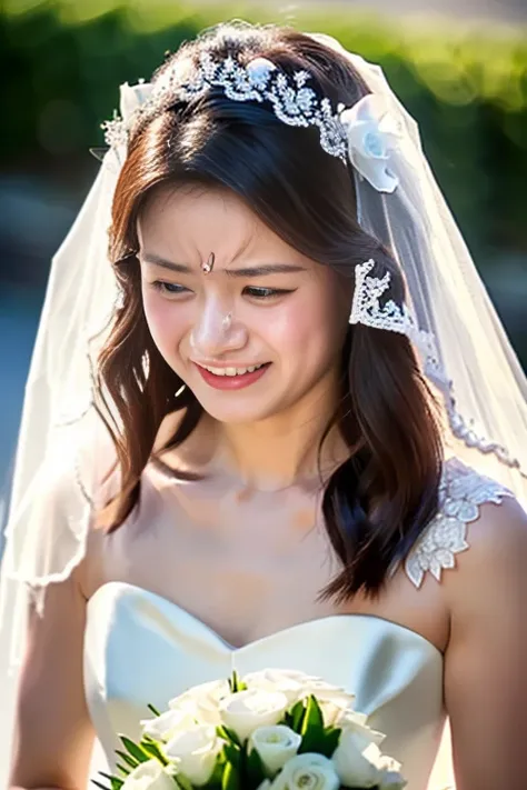 a beautiful japanese lady, 22 years old , 8k, super detail, best quality, masterpiece, (photorealistic:1.4), RAW photo, (happy crying:1.35), (wedding dress:1.3), ヴェール, (胸から上:1.5), very long hair, make up,1 girl, solo, simply background, first person view