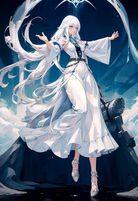 Character (adult woman) (white long hair) (white seer-style clothing) (character in dynamic pose) (full body) (smooth color blend) (in the middle of meadow)