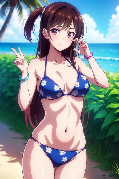 (best quality,4k,highres,masterpiece:1.2),ultra-detailed,realistic,hdr,anime, chi1, 1girl, long hair, one side up, solo, bracelet, bangs, bare shoulders, blue bikini, floral print , beautiful beach ,cowboy shot, smile, v pose, photography pose 