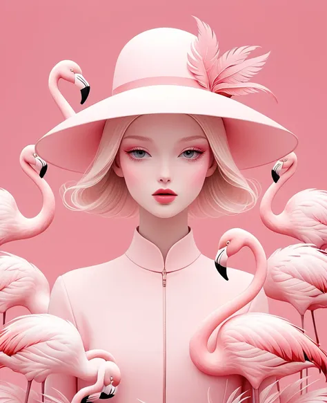 featuring one blonde girls wearing white hats made of flamingo feathers against a pink background with a pink color palette, a d...