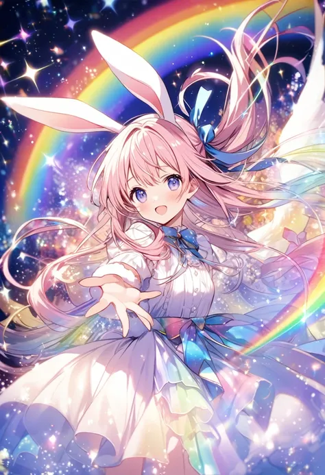 「A character with rabbit ears and long hair tied with a ribbon, Surrounded by magical rainbows and sparkles, Against a bright and shining fantasy background.&quot;He&#39;s holding a stuffed rabbit in both hands.