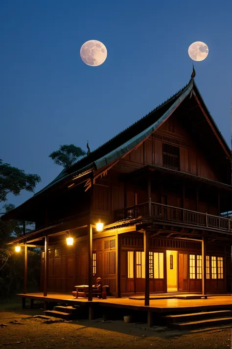 Burmese traditional poor house under the moon realistic 