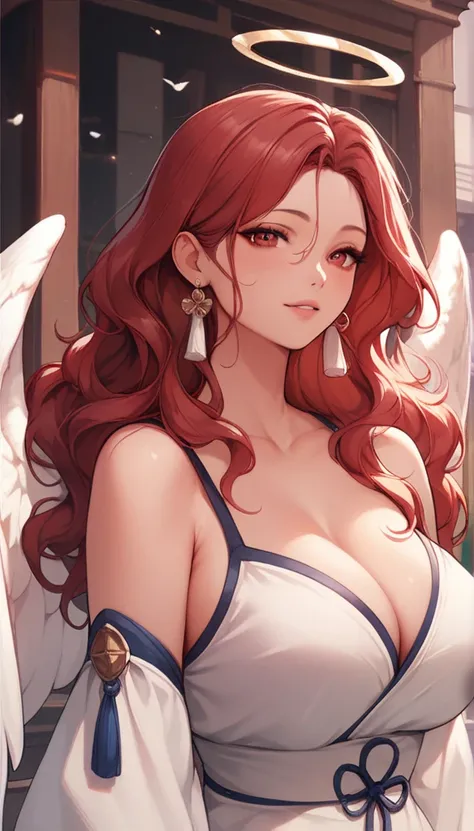 Red hair,red eyes,(high quality eyes),masterpiece, best quality, high quality, highres, outdoors, looking at viewer, Jenny, tall female,big breasts, tassel earrings,wavy hair,public hair ,angel ,wings
