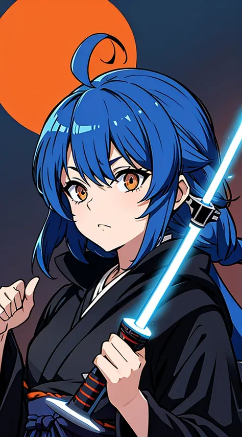 Girl with long blue hair，Orange Eyes，Black robes，Sith Samurai，Lightsaber，Star Wars