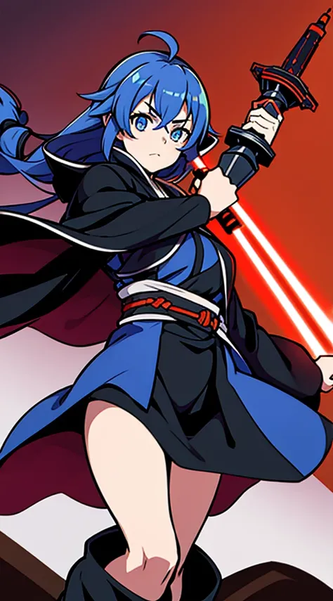 Girl with long blue hair，Orange Eyes，Black robes，Sith Samurai，Lightsaber，Star Wars