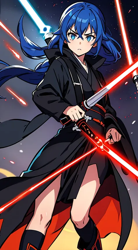 Girl with long blue hair，Orange Eyes，Black robes，Sith Samurai，Lightsaber，Star Wars